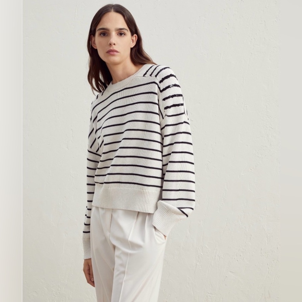 Brunello Cucinelli Sequin Shoulders Striped Cotton Sweater